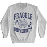 Gray crewneck sweatshirt featuring a navy collegiate-style “Fraggle University 1983” design with the Fraggle Rock characters in a circular crest.