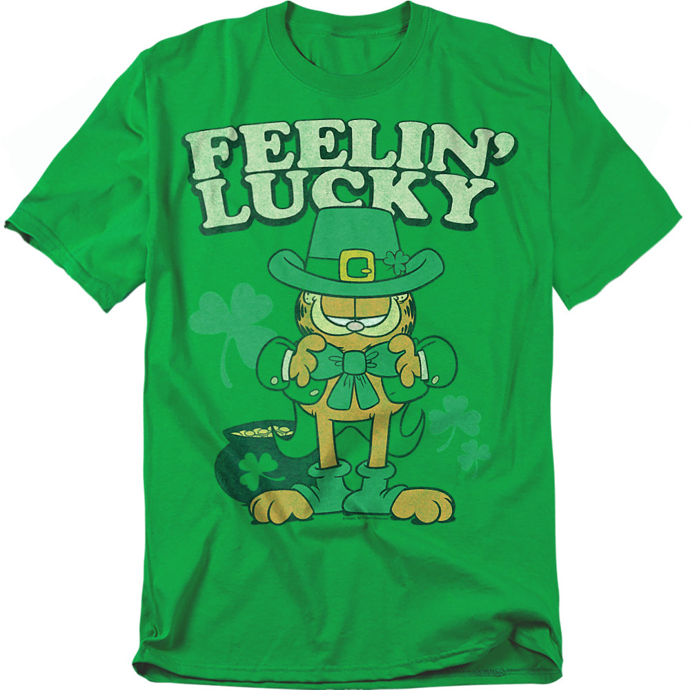 Green Garfield T-shirt featuring Garfield dressed as a leprechaun with “Feelin’ Lucky” text and shamrocks
