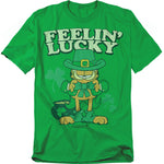 Green Garfield T-shirt featuring Garfield dressed as a leprechaun with “Feelin’ Lucky” text and shamrocks
