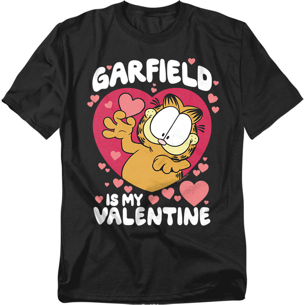 Black Garfield t-shirt featuring Garfield inside a pink heart surrounded by small hearts with the phrase “Garfield Is My Valentine.”