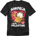 Black Garfield t-shirt featuring Garfield inside a pink heart surrounded by small hearts with the phrase “Garfield Is My Valentine.”
