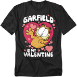 Black Garfield t-shirt featuring Garfield inside a pink heart surrounded by small hearts with the phrase “Garfield Is My Valentine.”