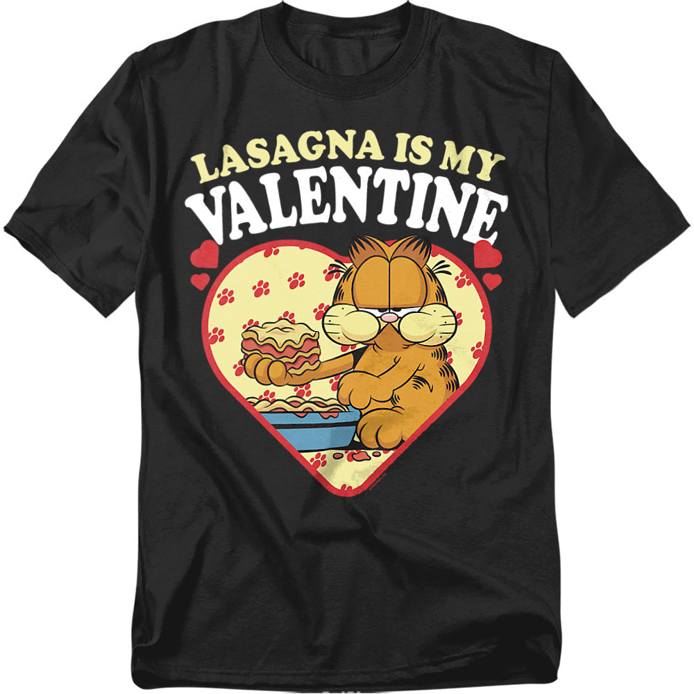 Black Garfield t-shirt featuring Garfield holding a slice of lasagna inside a heart with the phrase “Lasagna Is My Valentine” above.