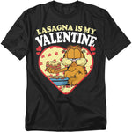 Black Garfield t-shirt featuring Garfield holding a slice of lasagna inside a heart with the phrase “Lasagna Is My Valentine” above.