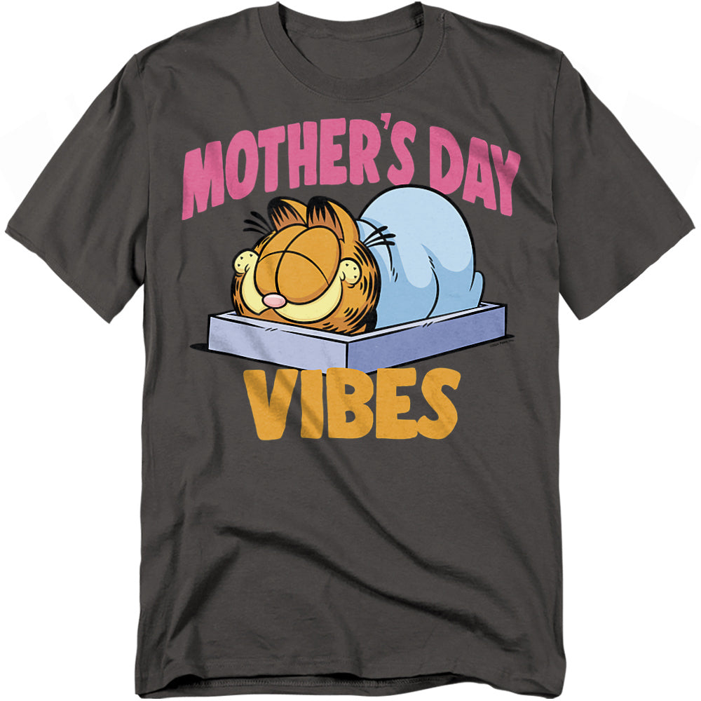 Garfield Mother’s Day Vibes T-shirt with Garfield lounging in a box and colorful retro text