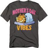 Garfield Mother’s Day Vibes T-shirt with Garfield lounging in a box and colorful retro text