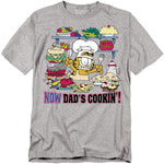 Garfield Now Dad’s Cookin’ T-shirt featuring Garfield cooking in a kitchen filled with food and desserts