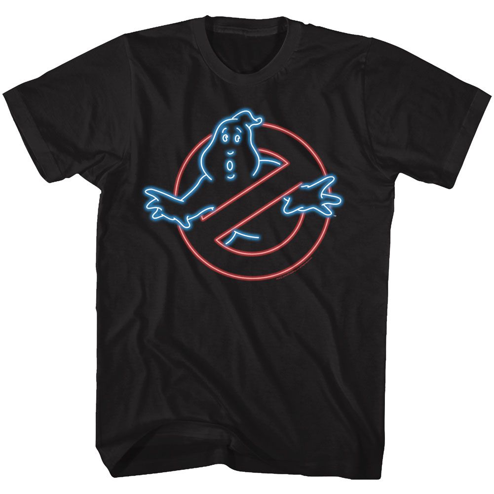 Black Ghostbusters T-shirt featuring a neon-style glowing red and blue “No Ghost” logo.