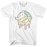 White Ghostbusters T-shirt featuring the No Ghost logo melting in pastel rainbow slime colors.