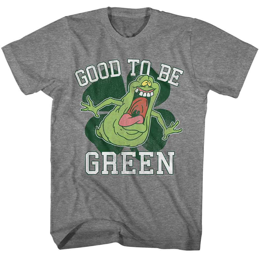 Gray Ghostbusters T-shirt featuring Slimer with shamrock background and “Good To Be Green” text