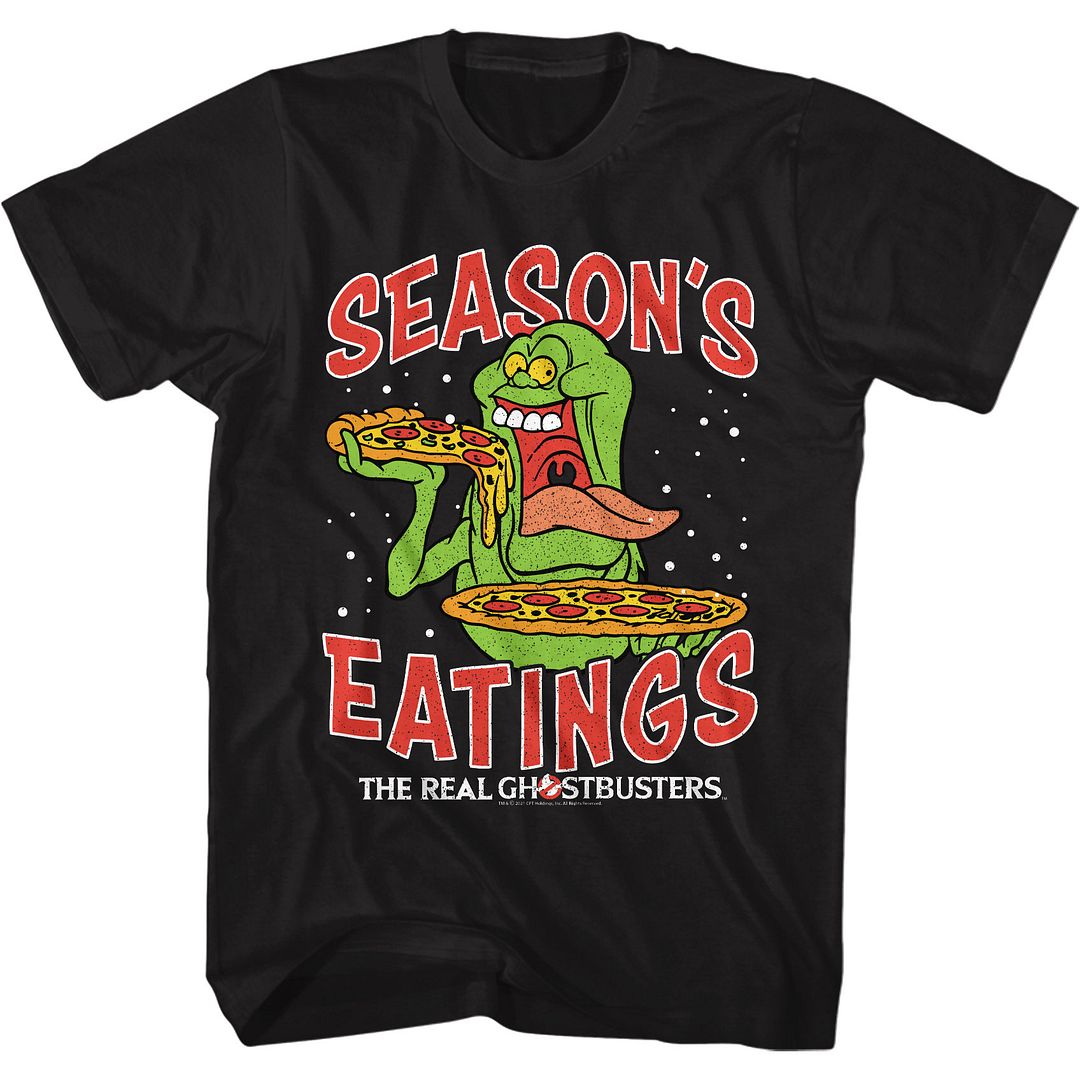 Black T-shirt featuring Slimer from The Real Ghostbusters eating pizza with the text "Season’s Eatings" in festive red lettering.