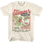 Cream Ghostbusters T-shirt featuring Slimer’s Pizzeria graphic with pizza box and retro diner design