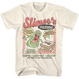 Cream Ghostbusters T-shirt featuring Slimer’s Pizzeria graphic with pizza box and retro diner design