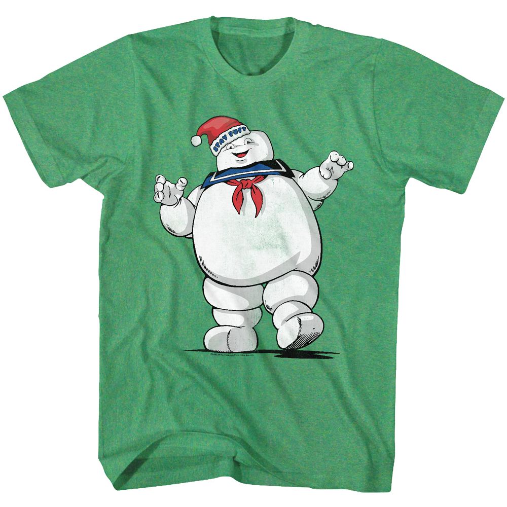 Green Ghostbusters T-shirt featuring the Stay Puft Marshmallow Man wearing a Santa hat in a festive holiday design.