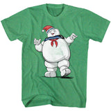 Green Ghostbusters T-shirt featuring the Stay Puft Marshmallow Man wearing a Santa hat in a festive holiday design.