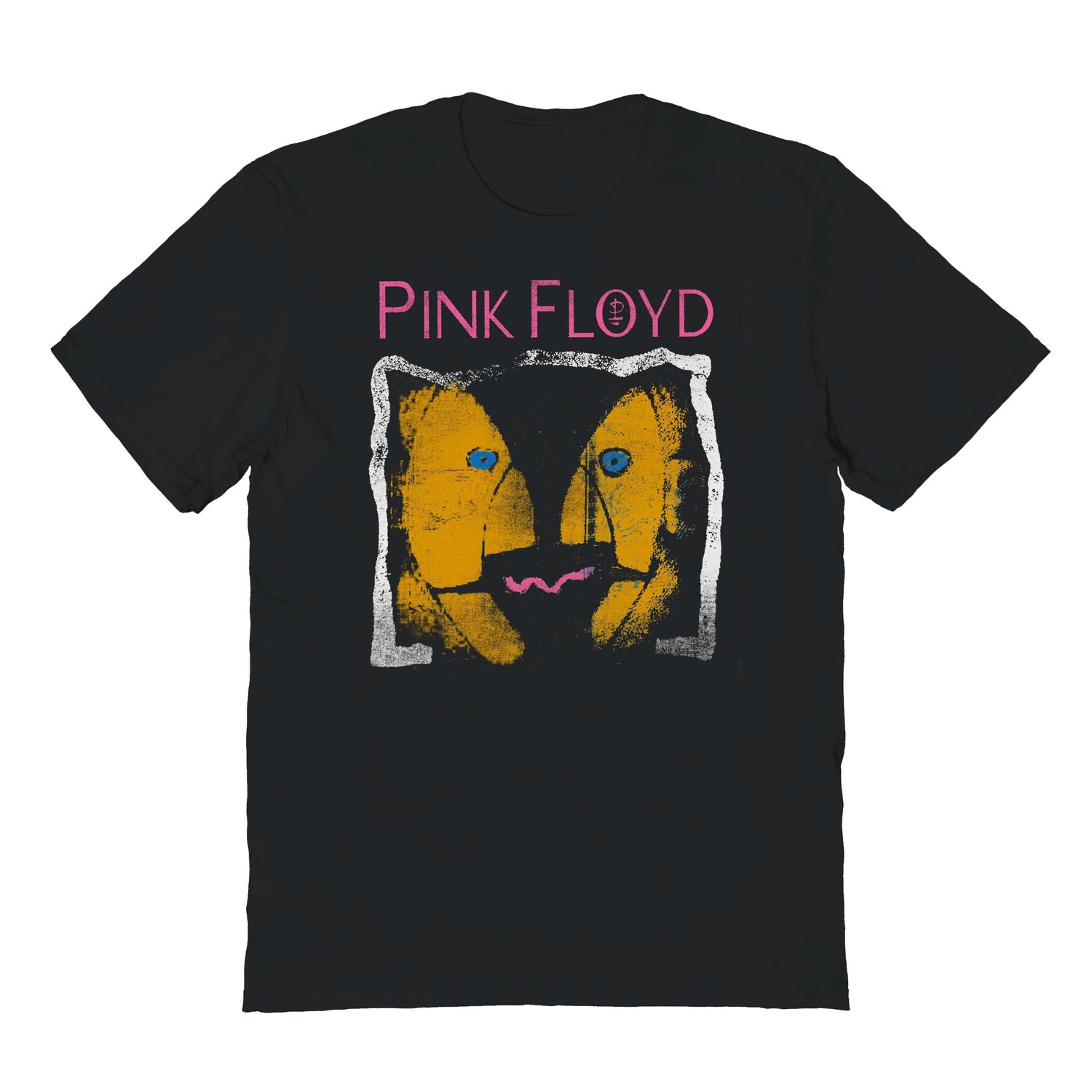 Black t-shirt with Pink Floyd logo and cat face design on a white background
