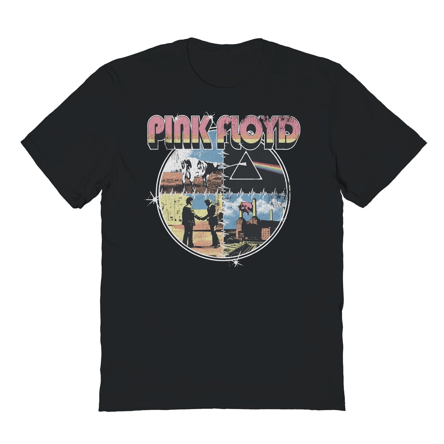Black t-shirt with Pink Floyd graphic design on a white background