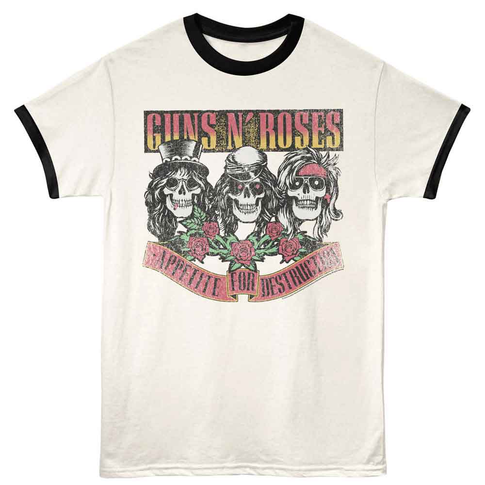 Officially licensed Guns N’ Roses ringer t-shirt featuring the Appetite for Destruction skull artwork in vintage distressed style
