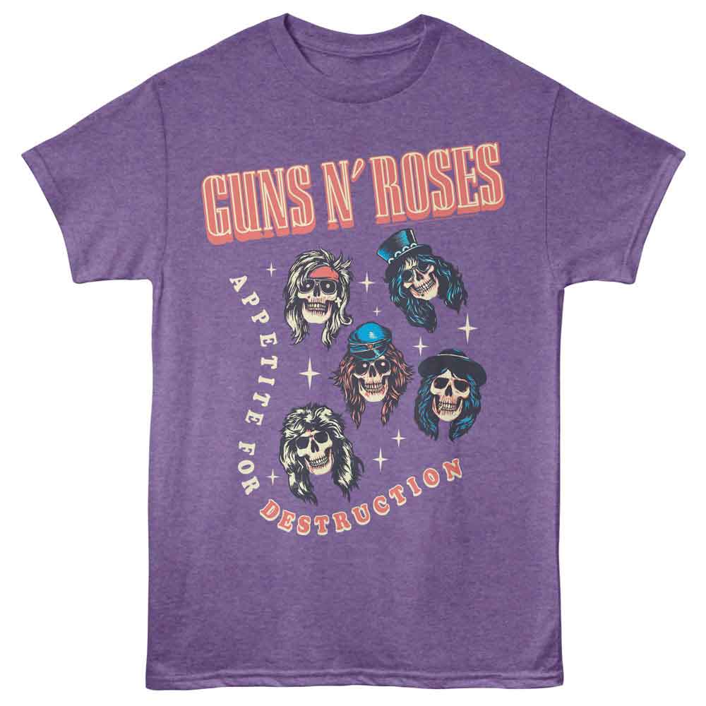 Purple T-shirt featuring cartoon skull caricatures of Guns N’ Roses band members arranged in a circle with “Guns N’ Roses” at the top and “Appetite for Destruction” curved around the bottom.