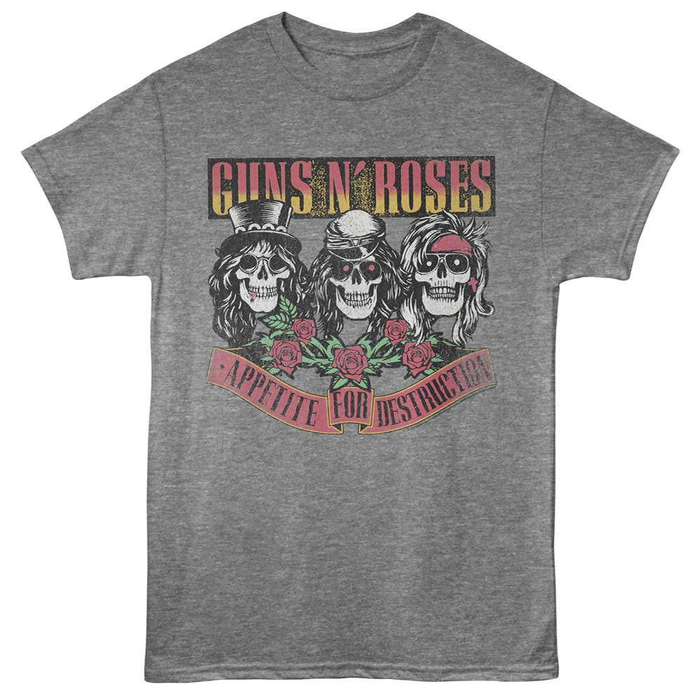 Guns N Roses Appetite for Destruction T-shirt with skull band members and roses on gray