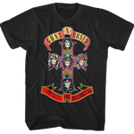 Black T-shirt featuring the Guns N’ Roses “Appetite for Destruction” album art with skull portraits of band members arranged on a cross.