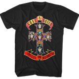 Black T-shirt featuring the Guns N’ Roses “Appetite for Destruction” album art with skull portraits of band members arranged on a cross.