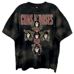 Black t-shirt with 'Guns N' Roses' graphic design featuring skulls and roses on a white background.