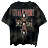 Black t-shirt with 'Guns N' Roses' graphic design featuring skulls and roses on a white background.