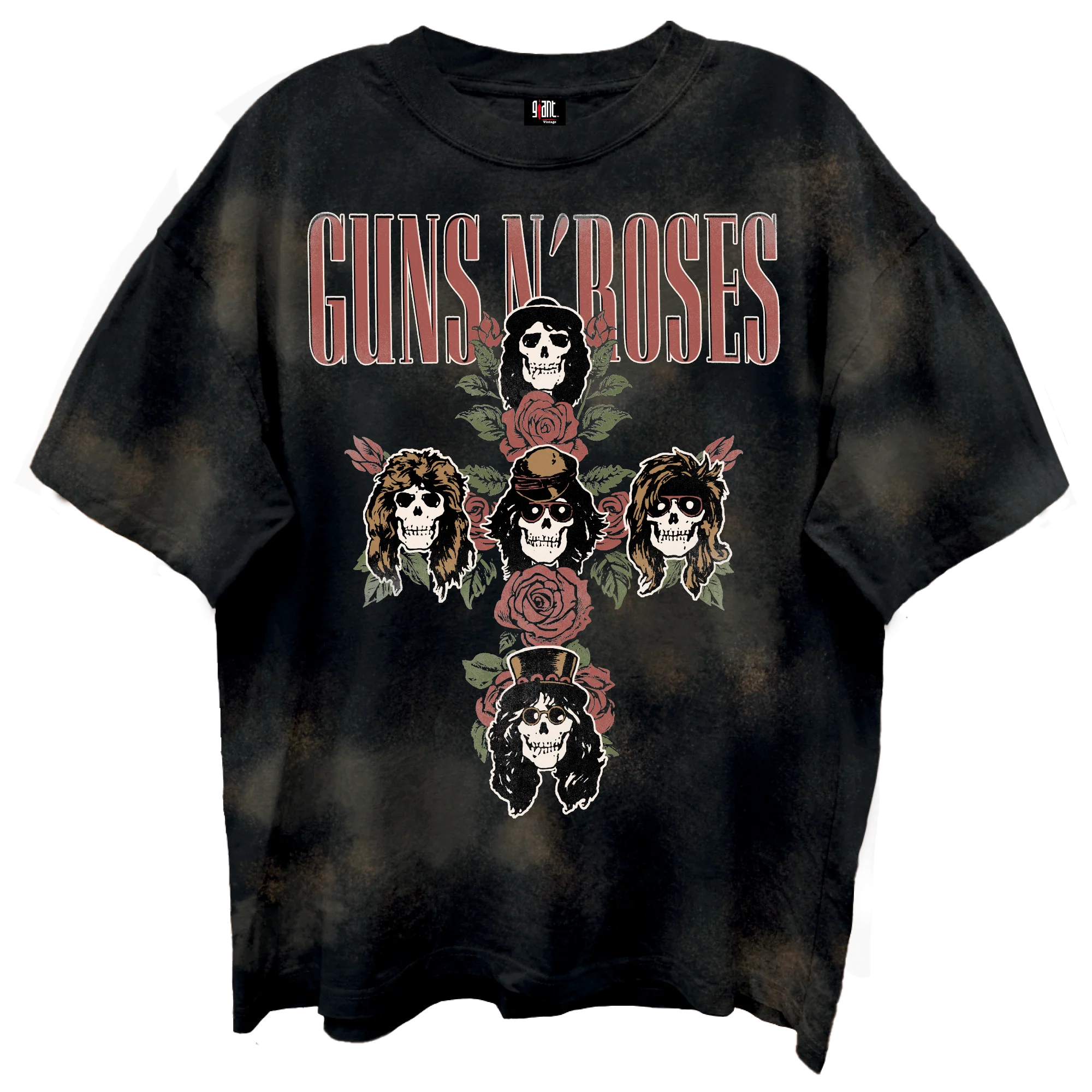 Black t-shirt with 'Guns N' Roses' graphic design featuring skulls and roses on a white background.