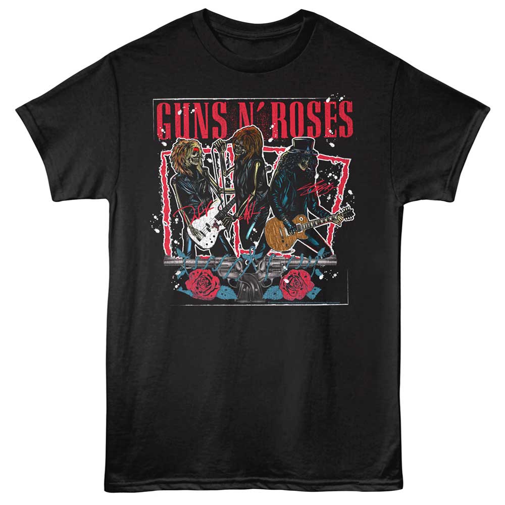 Guns N Roses T-shirt featuring band members playing guitars with roses and classic logo