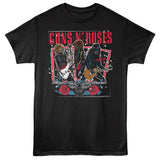 Black Guns N Roses graphic t-shirt featuring vintage concert artwork guitars and red roses