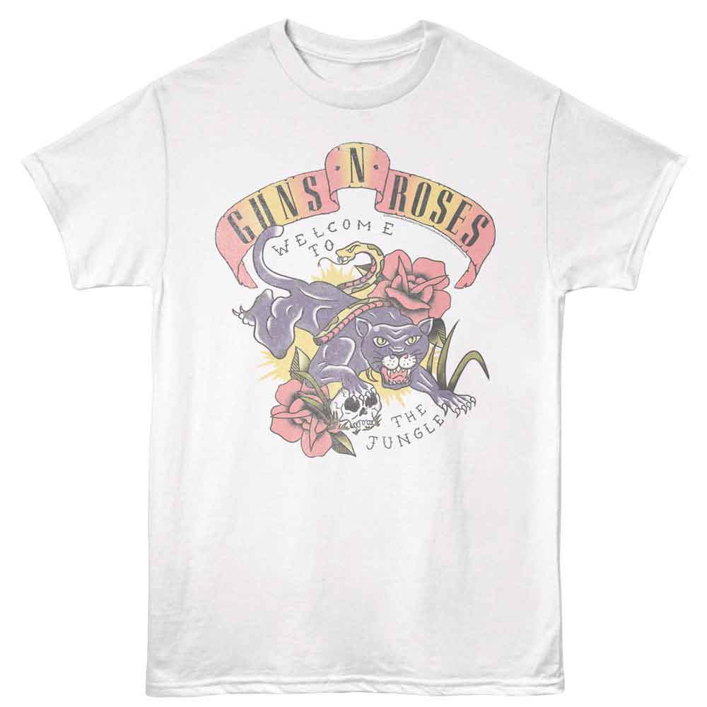 White Guns N’ Roses T-shirt featuring a vintage tattoo-style design with a panther, roses, skull, and “Welcome to the Jungle” text in retro colors.