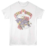 White Guns N’ Roses T-shirt featuring a vintage tattoo-style design with a panther, roses, skull, and “Welcome to the Jungle” text in retro colors.