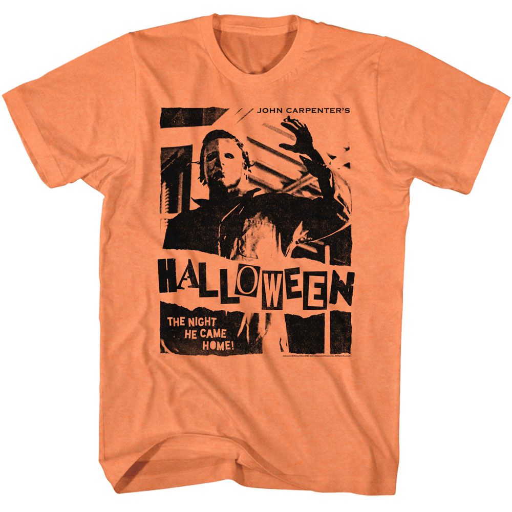 Orange T-shirt featuring a distressed black graphic of Michael Myers from John Carpenter’s Halloween with the tagline “The Night He Came Home.”