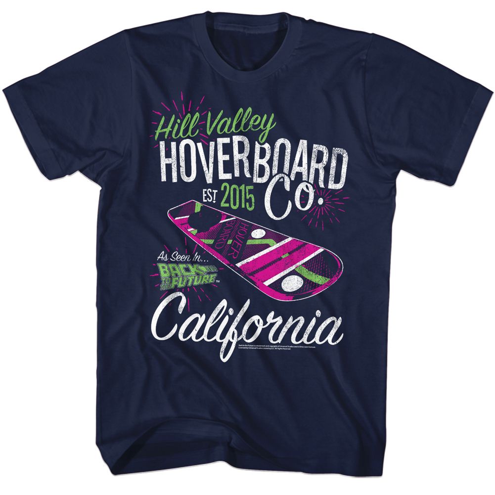 Navy blue T-shirt featuring the Hill Valley Hoverboard Co. logo with hoverboard graphic and “As Seen In Back to the Future” text.