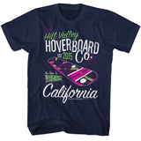 Navy blue T-shirt featuring the Hill Valley Hoverboard Co. logo with hoverboard graphic and “As Seen In Back to the Future” text.
