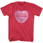 Red Saved by the Bell t-shirt featuring a pink candy heart that reads “I Love Kelly Kapowski.”