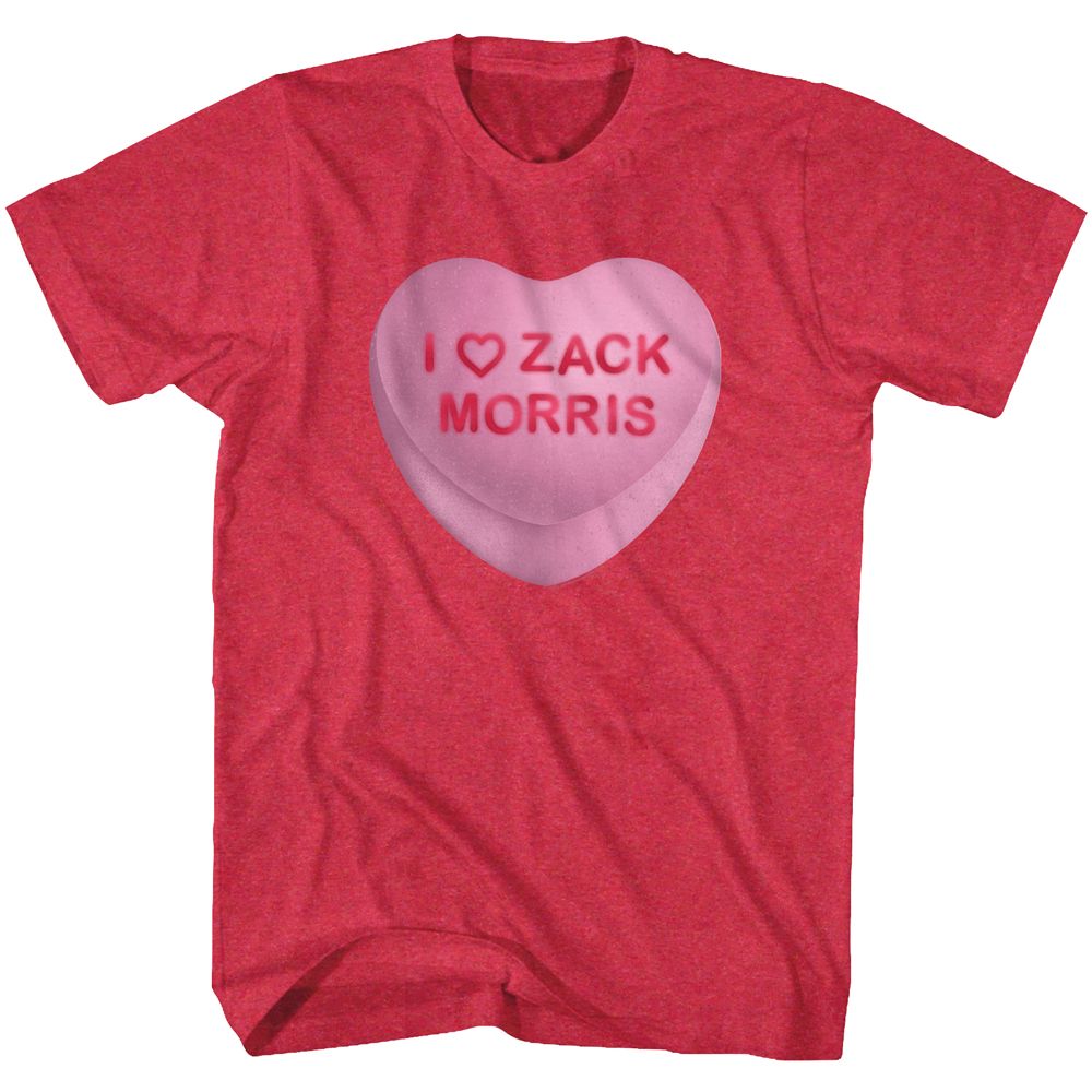 Red Saved by the Bell t-shirt featuring a pink candy heart that reads “I Love Zack Morris.”