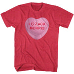 Red Saved by the Bell t-shirt featuring a pink candy heart that reads “I Love Zack Morris.”