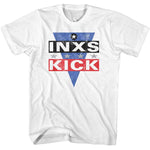 White INXS Kick T-shirt featuring a distressed red, white, and blue triangle graphic with bold INXS and KICK text.