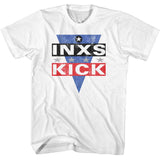 White INXS Kick T-shirt featuring a distressed red, white, and blue triangle graphic with bold INXS and KICK text.