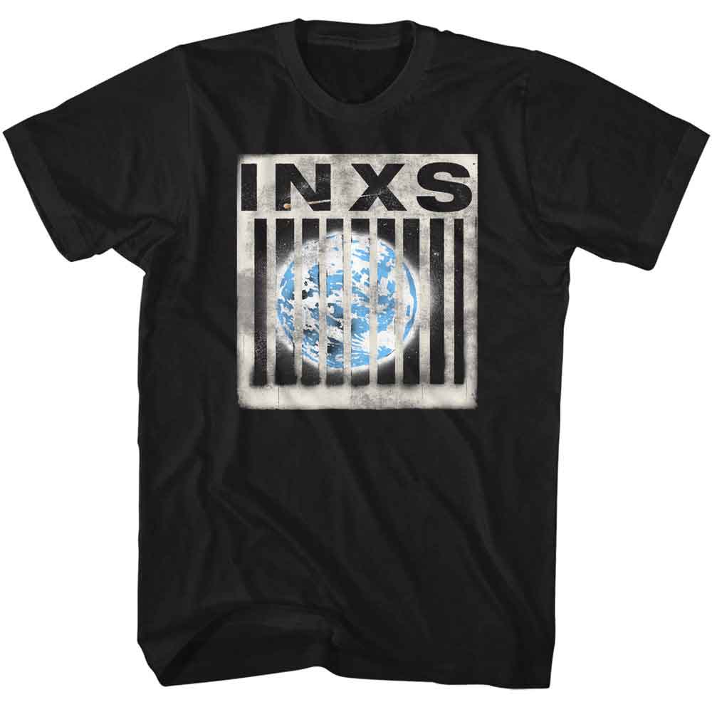 Black INXS T-shirt featuring a distressed barcode-style graphic with a blue globe in the center and INXS text at the top.