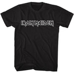 Iron Maiden T-shirt with classic band logo in white outline on black