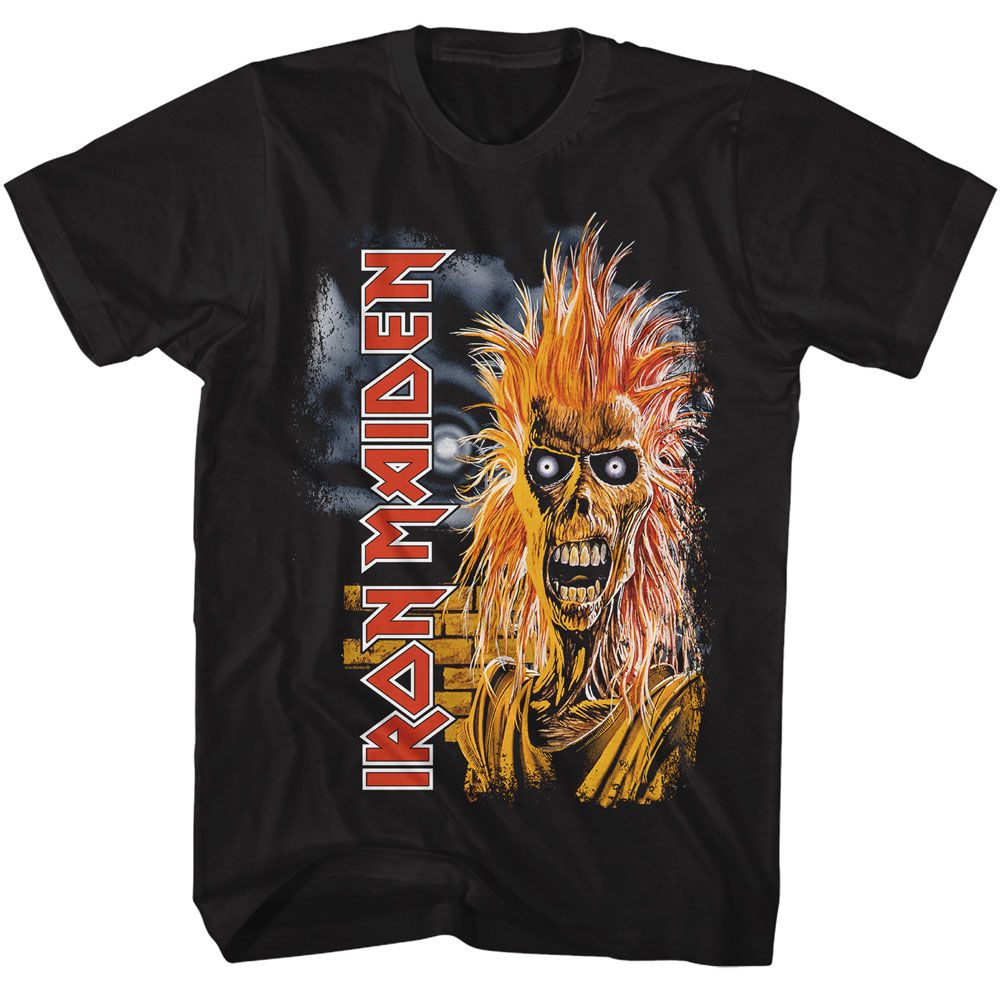 Iron Maiden Eddie T-shirt with flaming hair skull portrait and vertical logo