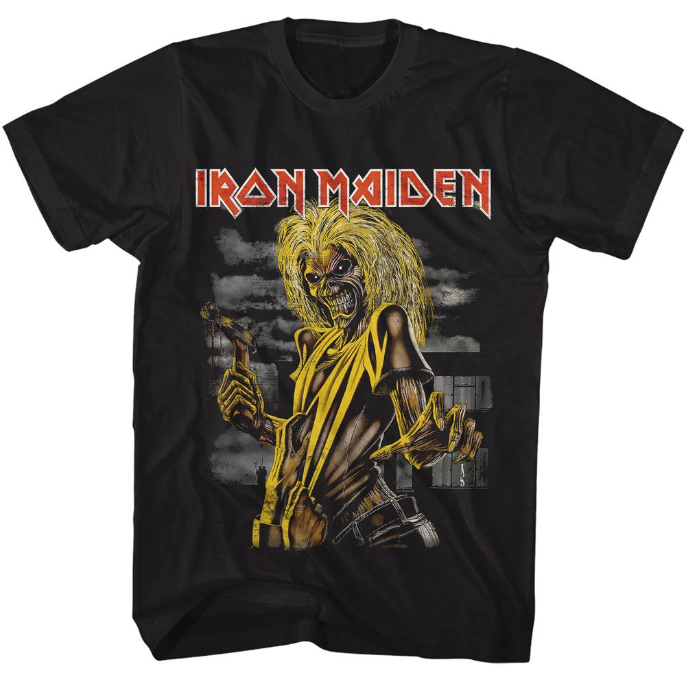 Iron Maiden T-shirt featuring Eddie holding a hammer with distressed yellow artwork and band logo