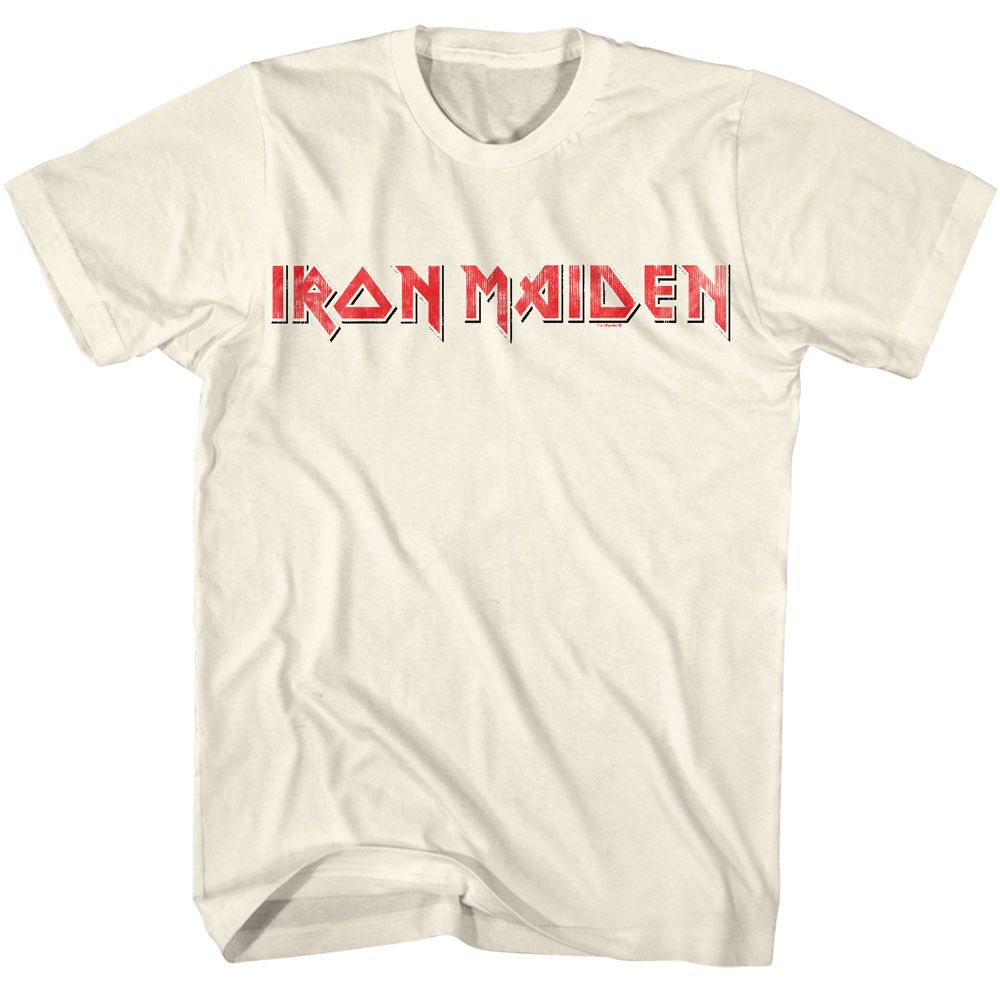 Officially licensed Iron Maiden t-shirt featuring the classic distressed red band logo on a clean minimalist design
