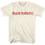Officially licensed Iron Maiden t-shirt featuring the classic distressed red band logo on a clean minimalist design