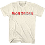 Officially licensed Iron Maiden t-shirt featuring the classic distressed red band logo on a clean minimalist design