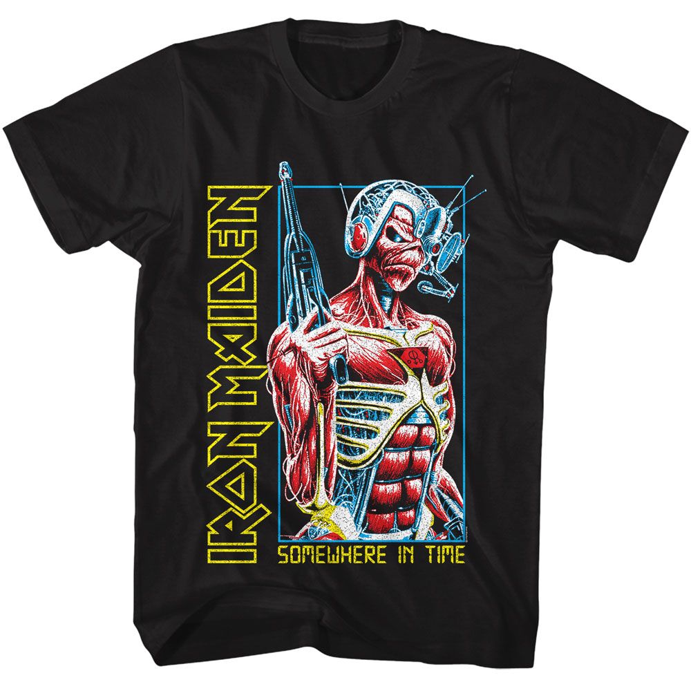 Officially licensed Iron Maiden t-shirt featuring the Somewhere in Time cybernetic Eddie artwork with bold neon retro styling