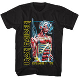Officially licensed Iron Maiden t-shirt featuring the Somewhere in Time cybernetic Eddie artwork with bold neon retro styling